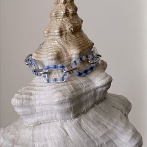 Silver Tone Bracelet with Blue and White Checked Translucent links.